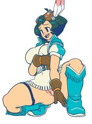 aero_(suetsugu_haruki) bellend boots breasts cowboy_boots feathers female frills gloves goggles goggles_on_head hair_feathers knee_boots large_breasts mega_man mega_man_legends native_american no_panties one_knee pussy solo thick_thighs thigh_strap thighs