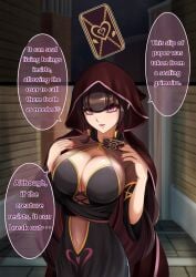 between_breasts big_breasts black_hair breasts brown_hair card charm_(spell) cleavage dialogue female female_only femdom gigantic_breasts hard_translated heart huge_breasts hypnosis hypnotic_breasts hypnotizing_viewer large_breasts mind_break nail_polish navel nisemono pink_eyes pov_sub robe seductive seductive_female seductive_smile teasing text translated