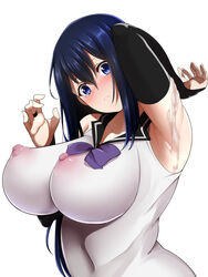 arm_up armpits blue_eyes blue_hair breasts cum female gokukoku_no_brynhildr highres huge_breasts kuroha_neko nipples shumichi simple_background solo white_background