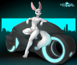 2014 anthro bat breasts cute cyan_eyes disney fangs female fur furry heart iskra mammal motorbike motorcycle nipples nude pussy smile solo tron white_fur