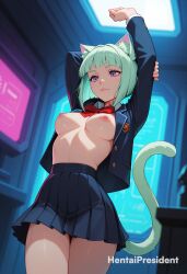 ai_generated areolae artist_name bangs bob_cut breasts breasts_out cat_ears cat_girl cat_tail catgirl erect_nipples female female_only green_hair hentaipresident indoors large_breasts medium_breasts miniskirt nipples purple_eyes short_hair skirt solo solo_female source_request standing thighs uncensored uncensored_breasts uncensored_nipples
