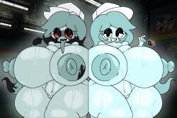 2girls blue_body blue_hair breasts breasts_bigger_than_head connie_(dandy's_world) dandy's_world dandys_world duo erect_nipples female ghost ghost_girl half-closed_eyes huge_breasts huge_thighs hyper hyper_breasts lafreakysky nude nude_female pressed_against pressed_together red_eyes red_sclera roblox roblox_game sweat sweaty thick_thighs tongue_out twisted_connie_(dandy's_world) wide_hips