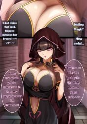 between_breasts big_breasts black_hair breasts brown_hair card charm_(spell) cleavage dialogue female female_only femdom gigantic_breasts hard_translated heart huge_breasts hypnosis hypnotic_breasts hypnotizing_viewer large_breasts mind_break nail_polish navel nisemono pink_eyes pov_sub robe seductive seductive_female seductive_smile teasing text translated