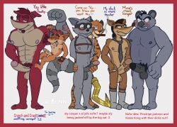 activision anthro armpit_hair armpit_sniffing balls bandicoot barefoot body_hair bondage bound cigar cigarette cigarette_holder cigarette_in_mouth clothing comparing comparing_penis crash_(series) crash_bandicoot crunch_bandicoot el_jefe english_text erection feet felid feline flexing footwear g_bunn garter_belt garter_belt_socks garter_straps genitals glans group half_naked hand_on_arm hand_on_butt hand_on_hip hands_on_back heart_symbol hi_res humanoid_genitalia humanoid_penis koala koala_kong macropod male male/male male_only mammal marsupial masturbating_to_other masturbation necktie nipples nude nude_male object_in_mouth pantherine penile penis penises_touching pinstripe_potoroo potoroo procyonid pubes raccoon restraints rope rope_bondage simple_background size_difference sly_cooper sly_cooper_(series) smoke sniffing socks solo sony_corporation sony_interactive_entertainment sucker_punch_productions tail text tiger vombatiform