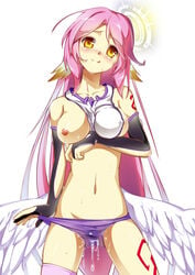 angel_wings blush breast_slip breasts feathered_wings female gloves highres jibril_(no_game_no_life) licking_lips long_hair looking_at_viewer low_wings magic_circle midriff navel nipples no_game_no_life one_breast_out panties pink_hair pussy_juice shuffle_(songdatiankong) smile solo thighhighs underwear wet_panties white_wings wings yellow_eyes