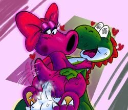 anal_sex anthro artist_request ass balls bigcowgirl_position birdo dizzy_eyes heart_symbol holding_penis looking_at_penis looking_back male/female mario_(series) purple_eyeshadow steamy_penis thick_ass wide_hips yoshi