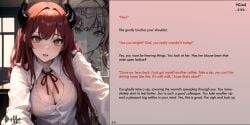 ai_generated breasts caption caption_only cleavage demon demon_girl dittouh_(generator) female femdom horns hypnotic_breasts hypnotic_pussy male malesub office office_lady pussy red_hair story succubus text