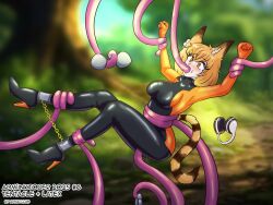 1girls admaillus ankle_cuffs bondage bound bound_ankles chains cuff_(restraint) female femsub fully_clothed gloves headphones high_heels kinktober kinktober_2025 latex latex_clothing latex_gloves latex_suit metal_cuffs outdoors png rubber rubber_clothing shiny_clothes tail tentacle tentacle_around_arm tentacle_around_leg tentacle_around_waist tentacle_between_legs tentacle_bondage tentacle_in_mouth tight_clothing