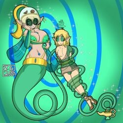 big_breasts blonde_hair breasts choker clothed_exposure coils earrings elf_ears expressionless female femdom floating genie gladiator_sandals glasses hypnosis hypnotic_accessory hypnotic_breasts large_breasts link long_hair male malesub navel_piercing necklace nintendo original pasties piercing ponytail smile spiral_eyes spiralwash_eyes story symbol_in_eyes tears_of_the_kingdom the_legend_of_zelda underwear zombi62