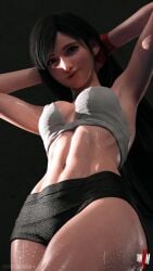 2025 3d 3d_(artwork) abs big_boobs big_breasts black_hair bottom_view box breasts brown_hair female female_only final_fantasy final_fantasy_vii fit_female gym martial_arts martial_arts_uniform muscular nipples_visible_through_clothing red_eyes seductive seductive_pose solo sport square_enix sweat sweatdrop sweating sweaty sweaty_body tifa_lockhart tmmxm training