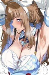 1girl 1girls almond_eye_(umamusume) armpit armpit_fetish armpits arms_up blue_eyes blue_hair blush blush_lines blushing blushing_female bow_hairband brown_hair cleavage cropped_torso detached_collar detached_sleeves elbow_gloves female hairband hairtie hairtie_in_mouth hews_hack horse_ears horse_girl large_boobs large_breasts large_tits long_hair medium_hair solo solo_female solo_focus star_pupils steam steaming_body steamy sweat sweatdrop sweating sweaty sweaty_armpits tremble_spikes trembling two-tone_hair umamusume white_dress