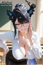 1girl 2025 2026 absurd_res absurdres ai ai-created ai_art ai_assisted ai_generated alphai asymmetrical_horns black_hair black_pantyhose black_skirt blue_hair blushing breasts cinematic_lighting classroom cleavage collared_shirt colored_inner_hair colorful_background covered_nipples depth_of_field detailed_background detailed_hair detailed_skin dramatic_shadows female_focus flower glasses grin hand_on_hip hand_up high_quality high_resolution high_waisted_skirt highres hololive hololive_english hololive_english_-advent- horn_flower horns large_breasts leaning_forward long_hair looking_at_viewer mole mole_under_eye multicolored_hair nail_polish naughty_face nerissa_ravencroft nerissa_ravencroft_(casual) office_lady official_alternate_costume official_alternate_hairstyle pantyhose particles patreon patreon_link patreon_url patreon_username pencil_skirt ponytail purple_eyes raised_eyebrows rectangular_glasses red_nails semi-rimless_eyewear semirealistic shirt shirt_tucked_in sidelocks skindentation skirt slit_pupils smile solo uneven_horns very_long_hair virtual_youtuber volumetric_lighting white_shirt