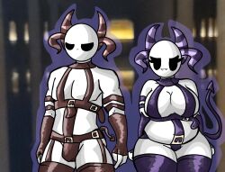 1boy1girl bald bald_female bdsm_outfit belly belly_button belts black_eyes breasts brown_clothing bulge bulge_through_clothing bulge_under_clothes chetoh chubby chubby_female claire_(chetoh) cleavage demon_tail egg eggmale female fingerless_gloves frown frowning gloves horns male matching_outfit matching_outfits oc original original_character original_characters photo_background purple_clothing sharp_teeth smile smiling stockings straps tail vampire vampire_teeth white_body