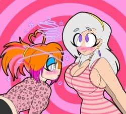 ahoge bent_over big_breasts blush breasts bubble cleavage crop_top dazed earrings expressionless eyeshadow female female_only femdom femsub grey_hair hair_band huge_breasts hypnosis hypnotic_breasts large_breasts leaning_forward leopard_print long_hair makeup open_mouth original ponytail purple_eyes red_hair shirt smile sparkle spiral spiral_background spiral_eyes spiralwash_eyes symbol_in_eyes tank_top unaware white_hair zombi62