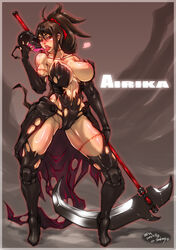 areola_slip armor boots breasts brown_hair cameltoe cleavage elbow_gloves female fingerless_gloves heart high_heels large_breasts leotard midriff navel ponytail red_eyes romehamu scar scythe skull solo standing thighhighs tied_hair tongue tongue_out weapon