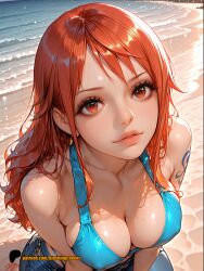 ai_generated at bangs beach bikini bikini_top bikini_under_clothes blue blushingcheeks breasts brown denim earrings evening eyes female female_only hair halterneck highleg_bikini horizon jeans jewelry large long looking medium_breasts nami_(one_piece) navel ocean one_piece outdoors pants sand shore sky solo string_bikini sun sunrise sunset swimsuit twilight viewer water wide_hips