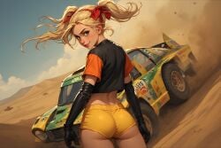 1girls ai_generated ass ass_focus back_view bare_midriff beach_buggy_racing beach_buggy_racing_2 black_gloves black_shirt blonde-haired_female blonde_female blonde_hair blonde_hair_female blonde_pigtails bubble_ass bubble_butt butt_focus buttocks car clothed clothed_female crop_top cropped cropped_shirt desert female gloves green_eyes long_gloves looking_at_viewer looking_over_shoulder non-nude red_hairband red_ribbon red_ribbons roxie_roller roxie_roller_(bbr2) short_shorts shorts solo twintails yellow_shorts