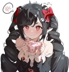 1girls bare_shoulders black_hair blush bow breasts character_request embarrassed female female_focus female_only high_resolution highres holding_panties long_hair looking_at_viewer mawe panties red_eyes sideboob small_panties smile solo spiral_eyes tears trembling trickcal trickcal_re:vive twin_drills twintails underwear wavy_mouth white_background