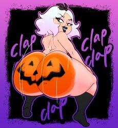 1girls ass ass_clapping big_ass bodypaint bottom_heavy clapping_cheeks emberlynn_pinkle emberlynn_pinkle_(human_form) fat_ass female female_only halloween helluva_boss huge_ass large_ass massive_ass multicolored_hair n-kosi n-kosi_(coloring) nude nude_female png pumpkin_butt shortstack socks solo thick_ass thick_thighs twerking wide_hips