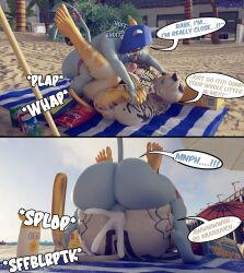 3d_(artwork) anal anal_sex anthro asian_mythology ass balls beach beach_towel beverage_can black_hair blue_hood bodily_fluids camseven cheek_tuft cum cum_in_ass cum_inside dialogue digital_media_(artwork) domestic_cat duo east_asian_mythology english_text epic_games facial_tuft felid feline felis forked_tail fortnite fur fur_tuft furgonomic_headwear furgonomic_hood furgonomics gay genital_fluids genitals hair hi_res japanese_mythology male male/male male_penetrated male_penetrating male_penetrating_male mammal meowdas muscular muscular_anthro muscular_male mythology nekomata nyanja_(fortnite) penetration penis sex sky speech_bubble tail talking_to_another talking_to_partner tattoo text tongue tongue_out towel tuft unusual_anatomy unusual_tail whiskers white_body white_fur yokai