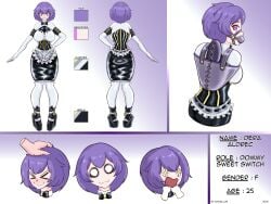 1girls admaillus apron arms_behind_back ball_gag bondage bound character_sheet english_text female female_only femsub fully_clothed gag gagged harness_gag headpat high_heels latex latex_clothing lock locked_high_heels maid maid_apron maid_outfit maid_uniform padlock png purple_eyes purple_hair reference_sheet reverse_prayer reverse_prayer_armbinder rubber rubber_clothing shiny_clothes text tight_clothing wedge_heels