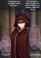 breasts brown_hair card charm_(spell) cleavage dialogue female female_only femdom hard_translated heart hypnotic_breasts large_breasts mind_break nail_polish navel nisemono pink_eyes pov_sub robe seductive_smile text translated