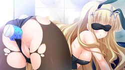 3-nin_iru! anal animal_ears ass blindfold blonde_hair blush breasts bunny_ears bunnysuit censored dildo female game_cg hair_ornament hairband kuga_valencia_reiri long_hair medium_breasts open_mouth pantyhose pussy suzui_narumi torn_clothes torn_pantyhose