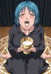 1girls after_fellatio after_oral after_sex ai_generated apartment barefoot begging begging_for_cum begging_for_more beverage bible_black bible_black_only big_breasts blue_hair blush brown_eyes busty canonical_scene chalice closed_curtains clothing collarbone cum cum_drool cum_in_mouth cum_inside cum_on_drink cum_on_tongue cupping cupping_hands curtains drink drooling empty_room excessive_cum facing_viewer faithful_to_the_anime feet female female_focus female_only front_view full_body fully_clothed goblet good_girl hands_together high_resolution holding_object kneeling kneeling_oral_position knees_together_feet_apart kurimoto_maki looking_at_viewer looking_up magic_circle octagram open_mouth ritual ritual_sex robe saliva short_hair shoulder_length_hair solo solo_focus sticking_out_tongue teen teenage_girl teenager teeth tongue tongue_out uncensored upper_teeth viewed_from_above wanting_cum wanting_more wooden_floor