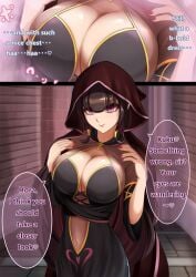 big_breasts black_hair breasts brown_hair card charm_(spell) cleavage dialogue female female_only femdom gigantic_breasts hard_translated heart huge_breasts hypnosis hypnotic_breasts hypnotizing_viewer large_breasts mind_break nail_polish navel nisemono pink_eyes pov_sub robe seductive seductive_female seductive_smile teasing text translated