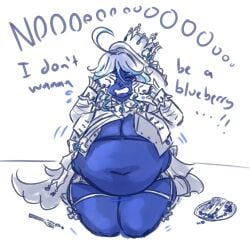 ahoge blueberry_girl blueberry_inflation blueberryfatcake cake cake_slice crown cry crying crying_with_eyes_closed female furina_(genshin_impact) genshin_impact inflation unwilling_expansion wardrobe_malfunction white_hair