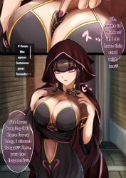 between_breasts big_breasts black_hair breasts brown_hair card charm_(spell) cleavage dialogue female female_only femdom gigantic_breasts hard_translated heart huge_breasts hypnosis hypnotic_breasts hypnotizing_viewer large_breasts mind_break nail_polish navel nisemono pink_eyes pov_sub robe seductive seductive_female seductive_smile teasing text translated