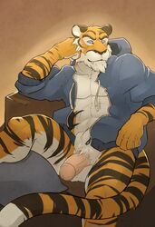 1boy abs anthro balls bengal0 bottomless clothing erection feline fur furry hoodie humanoid_penis jacket looking_at_viewer male male_only mammal no_swift open_clothes open_shirt penis seated shirt solo tiger