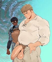 2boys alternate_body_size alternate_version_available armor balls ballsack bara belly big_penis black_hair blonde_hair bulge dark-skinned_femboy dark_skin dungeon_meshi exposed_balls exposed_penis facial_hair gay gay_male goatee_stubble highres huge_cock kabru laios_touden leaking_precum light-skinned_male light_skin male male/male male_focus male_only multiple_boys multiple_males muscular muscular_male open_fly pectoral_cleavage pectorals penis penis_out pubic_hair punbun_4fun scared_expression short_hair staring staring_at_penis stubble twink twitter_username veiny_penis worried_expression yaoi