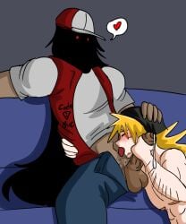 balls bara black_hair blonde_hair blush blushing body_hair c0de_blue couch couch_sitting creepypasta cum cum_drip dark_skin gay handjob headpat headpat_during_blowjob headpats human hypnos_lullaby licking_stomach light_skin long_hair male male/male nightmare_husbando pokepasta pokepasta_perdition red_eyes shadowed_face spiky_hair steven_(strangled_red) strangled_red veiny_penis whitney_(dol) zack_(c0de_blue)