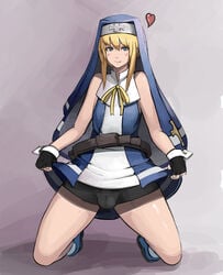 1boy :p androgynous balls_bulge blonde_hair blue_eyes blush bridget crossdressing femboy girly gloves guilty_gear habit hat heart kneeling looking_at_viewer male male_only metal_owl nun nun's_habit short_hair skirt skirt_lift solo spats tagme trap white_background