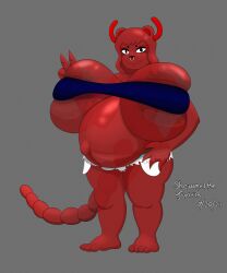 1girls 2023 4_fingers 4_toes alternate_version_available areolar_amelanism areolar_melanosis artist_name bear bear_girl big_belly big_nipples breasts commission cutoff_shorts dated female furaffinity_link gigantic_breasts gummy_creature horns huge_areolae ill_fitting_clothing large_areolae looking_at_viewer navel newgrounds_link no_background no_irises nose_ring original_character peace_sign piercing popped_navel pregnant pregnant_female red_body red_hair segmented_tail septum_piercing shewantsthejoystick smile solo squished_breasts standing tail thick thick_calves thick_thighs translucent tube_top watermark