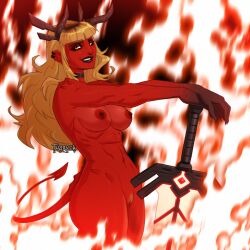 1girls 2025 2_horns abs areola athletic athletic_female athletic_humanoid bangs barbell_piercing biceps big_breasts black_body black_choker black_claws black_eyelids black_hands black_horn black_jewelry black_lips black_necklace black_piercing black_sclera black_skin blonde_hair blonde_pubes breasts brown_eyebrows choker claws dated demon demon_humanoid ear_piercing ear_ring eyebrow_barbell eyebrow_piercing eyebrows eyelashes facial_piercing female female_humanoid finger_claws fire genitals greatsword hair hi_res highlights_(coloring) horn humanoid humanoid_genitalia humanoid_vulva illyana_rasputin jewelry lip_piercing lip_ring lips long_hair looking_at_viewer magik_(darkchylde) magik_(illyana_rasputin) marvel marvel_comics marvel_rivals melee_weapon multicolored_body multicolored_skin multiple_piercings navel necklace nipple_barbell nipple_piercing nipples nose_piercing nose_ring not_furry nude nude_female nude_humanoid obliques piercing pubes pupils pussy red_areola red_body red_nipples red_skin red_tail red_vulva ring_piercing septum_piercing septum_ring sharp_teeth signature smile smirk solo spade_tail standing sword tail teeth tharrek two_tone_body two_tone_skin vulva weapon yellow_eyes