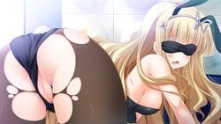 3-nin_iru! animal_ears ass blindfold blonde_hair blush breasts bunny_ears bunnysuit censored female game_cg hair_ornament hairband kuga_valencia_reiri long_hair medium_breasts open_mouth pantyhose pussy suzui_narumi torn_clothes torn_pantyhose