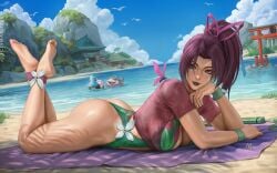 1boy 2girls asian_female ass barefoot beach beach_towel bird blue_eyes blue_hair blue_sky breasts bug cleavage cloud crossed_ankles day feet feet_up female full_body green_one-piece_swimsuit hair_intakes high_ponytail japanese_female jeff_the_land_shark korean_female large_breasts legs light-skinned_female light_skin lipstick long_hair looking_at_viewer luna_snow luna_snow_(cool_summer) luna_snow_(marvel_rivals) lying male marvel marvel_comics marvel_rivals multicolored_hair mutant_(marvel) on_stomach one-piece_swimsuit outdoors ponytail psylocke psylocke_(sai)_(breezy_butterfly) purple_hair purple_lips purple_lipstick purple_shirt sand sciamano240 seagull seol_hee shirt sky soles solo_focus split-color_hair swimsuit temple the_pose thighs toes torii towel water white_hair