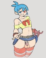 1boy absolute_territory balls belt belt_buckle blue_hair blue_skirt bottom_heavy bowtie cellphone chastity_cage chastity_device cute cute_face cute_penis denim denim_bottomwear denim_clothing denim_skirt doodlehog drawfag drawthread_request foreskin girly going_commando hello_kitty_(series) jean_skirt light_skin light_smile loose_sleeves male no_panties overall_skirt penis pink_chastity_cage pinky_out puyo_puyo puyo_puyo_fever puyo_puyo_quest sanrio sega shirt sig_(puyo_puyo) sissy skirt sleeves small_penis smile soft_thighs stockings striped_stockings striped_thighhighs testicles thick_thighs thigh_squish thighhighs uncircumcised uncut wide_hips yellow_shirt zettai_ryouiki