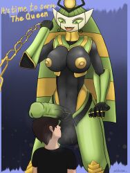 alien alien_humanoid balls big_breasts black_body bodily_fluids breasts bronze_(metal) chains clothing dominant dominant_intersex duo english_text erection futanari genital_fluids genitals gold_nipples green_body green_eyes hair hi_res human humanoid intersex intersex/male larger_intersex lips lipstick machine makeup male mammal multicolored_body my_life_as_a_teenage_robot nibisu nickelodeon nipples not_furry nude penis queen_vexus red_lips robot robot_humanoid robotic simple_background size_difference smile submissive text thick_thighs vexus yellow_body yellow_nipples