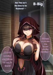 big_breasts black_hair breasts brown_hair card charm_(spell) cleavage dialogue female female_only femdom gigantic_breasts hard_translated heart huge_breasts hypnosis hypnotic_breasts hypnotizing_viewer large_breasts mind_break nail_polish navel nisemono pink_eyes pov_sub robe seductive seductive_female seductive_smile teasing text translated