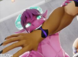 2_horns 3d_(artwork) 4_ears 5_fingers absurd_res anthro arm_bite barely_visible_genitalia barely_visible_nipples barely_visible_penis bite black_penis blue_eyes blue_horn blue_nails blue_nipples brown_body brown_fur canid canine canis cera_(ceraferis) colored_nails digital_media_(artwork) dragon duo female fingers flat_chested fur genitals hair hi_res horn male male/female mammal multi_ear mythological_creature mythological_scalie mythology nails nipples nude penis pink_body pink_skin purple_hair scales scalie ssjtim tim_(ssjtim) wolf