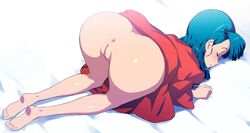 all_fours anus ass barefoot bed blush bulma bulma_briefs censored closed_eyes dragon_ball dragon_ball_(classic) dragonball dress dress_lift feet female from_behind green_hair highres legs long_hair no_panties pussy quadrastate side_ponytail sleeping soles solo teenage_bulma teenager thighs toes