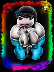 1futa :p bee bent_over black_hair black_nipples blue_socks breasts futa_only futanari grey_skin hair intersex large_breasts littlebigplanet looking_at_viewer paintbrush rainbow_background sackgirl solo thighhighs thong zandolaf zipper