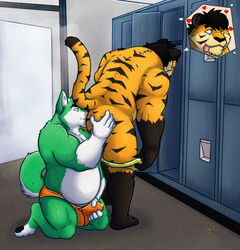 almasy anal anthro ass ass_grab biceps bulge canine chubby close-up clothing duo erection feline fur furry furry_only gay green_fur heart husky kneeling male mammal musclegut nero(furry) oral pants pants_down penis precum rimming tiger tongue tongue_out topless yutari