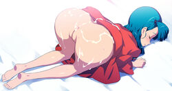 after_sex all_fours anus ass barefoot bed blush bulma bulma_briefs censored closed_eyes cum cum_on_ass cum_on_body cum_on_clothes cum_on_lower_body cum_on_thighs dragon_ball dragon_ball_(classic) dragonball dress dress_lift feet female from_behind green_hair highres legs long_hair no_panties pussy quadrastate side_ponytail sleeping soles solo teenage_bulma teenager thighs toes unconscious