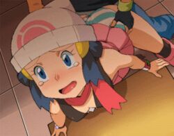 animated ass blue_eyes blue_hair blue_striped_panties boots bracelet dawn_(pokemon) doggy_style female gloves human male nintendo panties panties_aside pokemon ryunryun satoshi_(pokemon) sex skirt straight striped striped_panties tears torso_grab