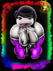 1futa :p bee bent_over black_hair black_nipples breasts futa_only futanari grey_skin hair intersex large_breasts littlebigplanet looking_at_viewer paintbrush pink_socks rainbow_background sackgirl solo thighhighs thong zandolaf zipper