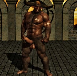 abs anthro balls biceps black_howler bovine cum hair horn male male_only mammal minotaur muscles pecs penis shadow tattoo